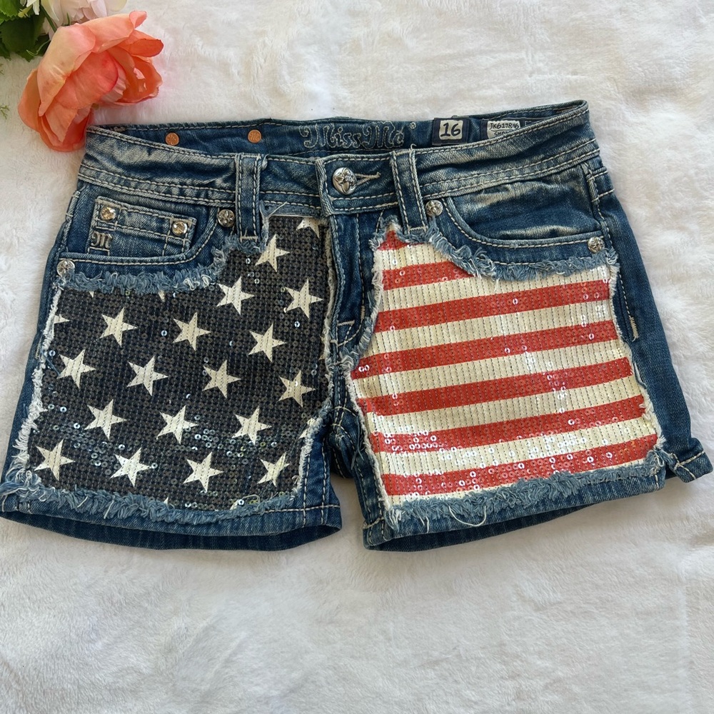 Miss Me Stars And Stripes Denim Shorts With Sequins Girls Size JK6178H6